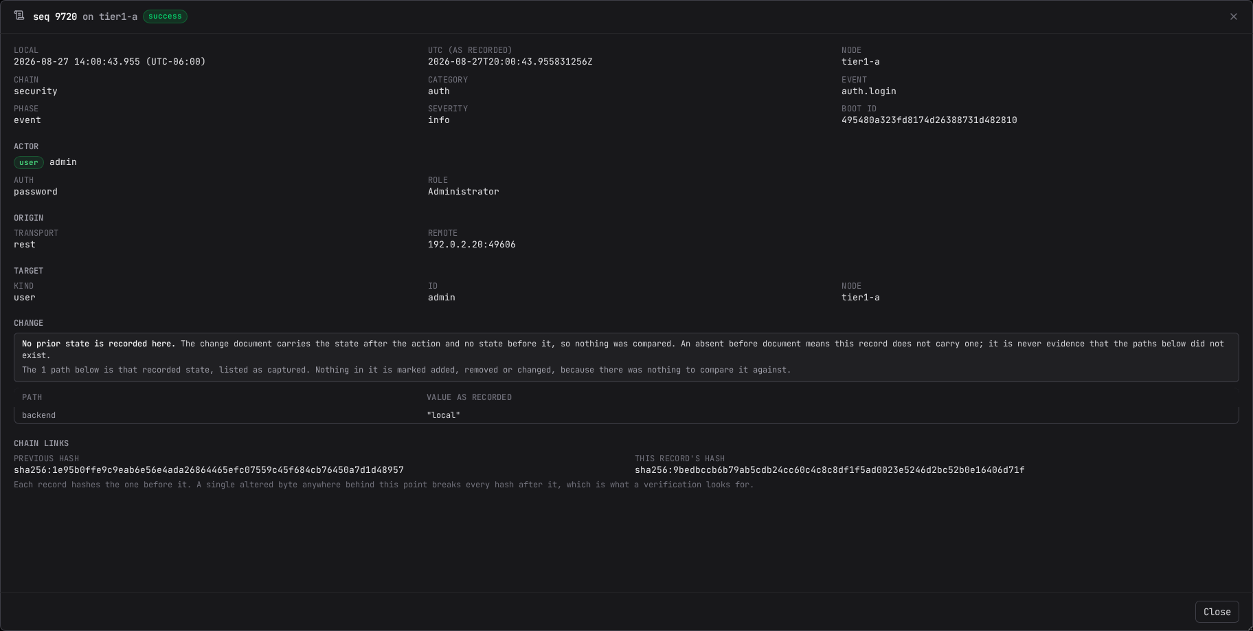 A record opened in the detail drawer: actor, origin, target, change, and chain links