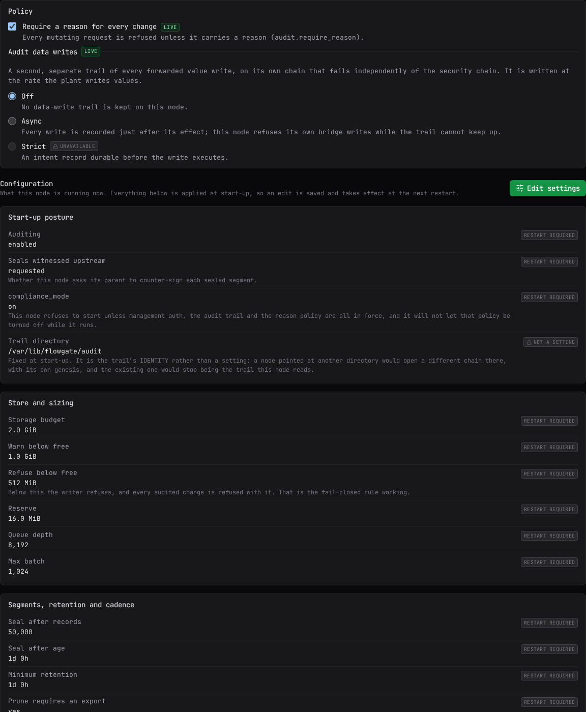 The Audit settings tab: live policy, audit data writes, and the start-up configuration