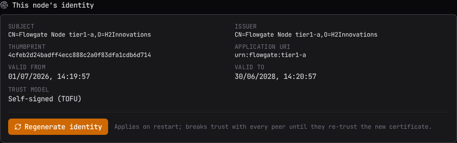 This node's identity: subject, issuer, thumbprint, application URI, validity, and trust model