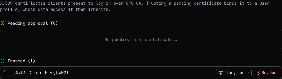 The User Certificates tab: pending and trusted client login certificates