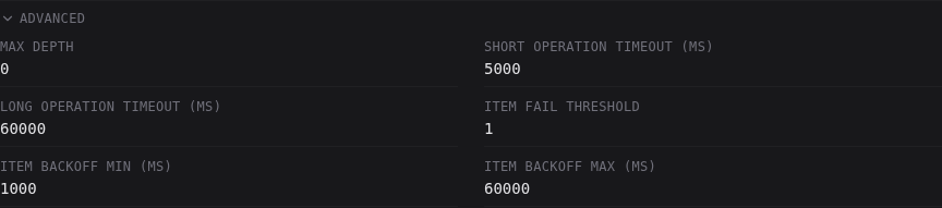 The Advanced section of a connection card, showing Max depth, both operation timeouts, and the three item backoff settings