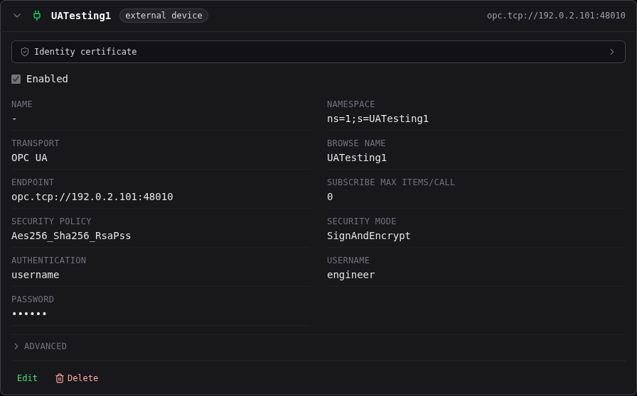 A connection card expanded to show its settings, with Edit and Delete controls