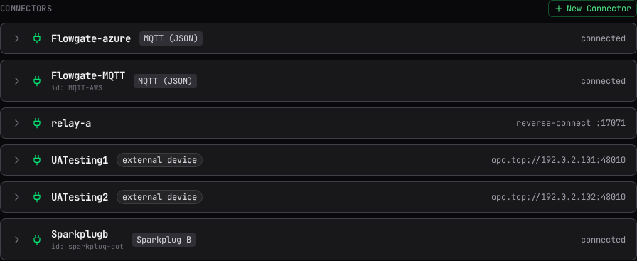 The Connectors list: MQTT, reverse-connect, external device, and Sparkplug B entries