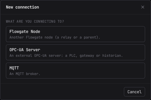 The "New connection" dialog: choose between a Flowgate Node, an OPC-UA Server, or MQTT