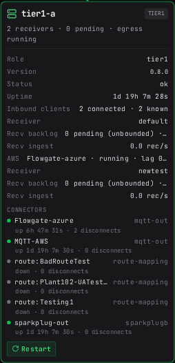 A node box expanded to show its diagnostics: store and forward, version, status, uptime, inbound clients, receivers, and its connector list
