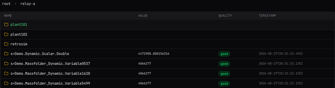 One level into the tree: the breadcrumb, folders, and tag rows with value, quality, and timestamp