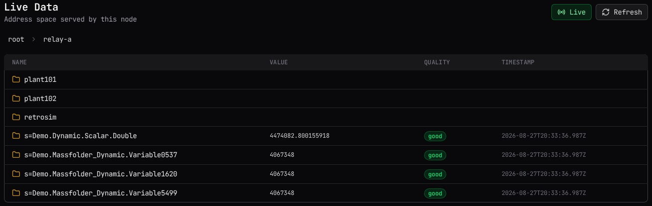 Live mode on: values, quality, and timestamps updating in place