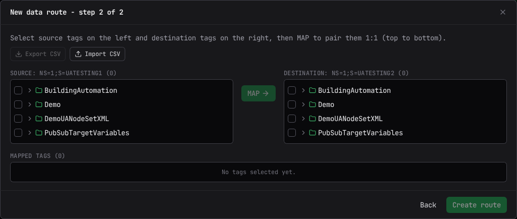 Step 2 of 2: source and destination tag trees with the MAP control and the mapped tags list