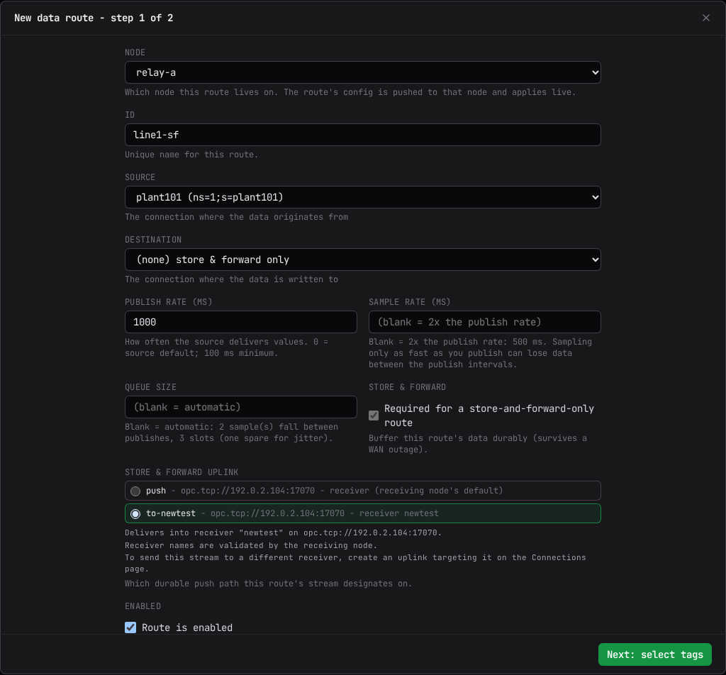 The "New data route" dialog, step 1 of 2: a store-and-forward-only route on a relay, with the uplink choice showing each uplink's target receiver