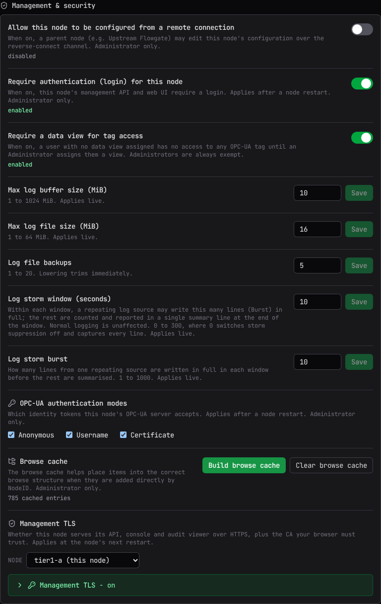 The Management & security section: remote configuration, authentication, data view requirement, log limits, OPC-UA authentication modes, and browse cache