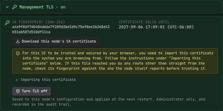 The Management TLS panel: CA fingerprint, certificate download, and the TLS switch