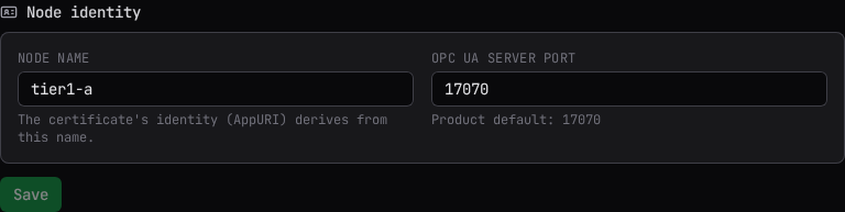 The Node identity section: node name and OPC UA server port
