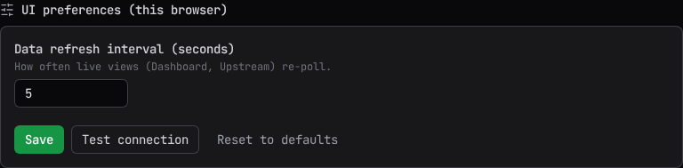 The UI preferences section with the data refresh interval