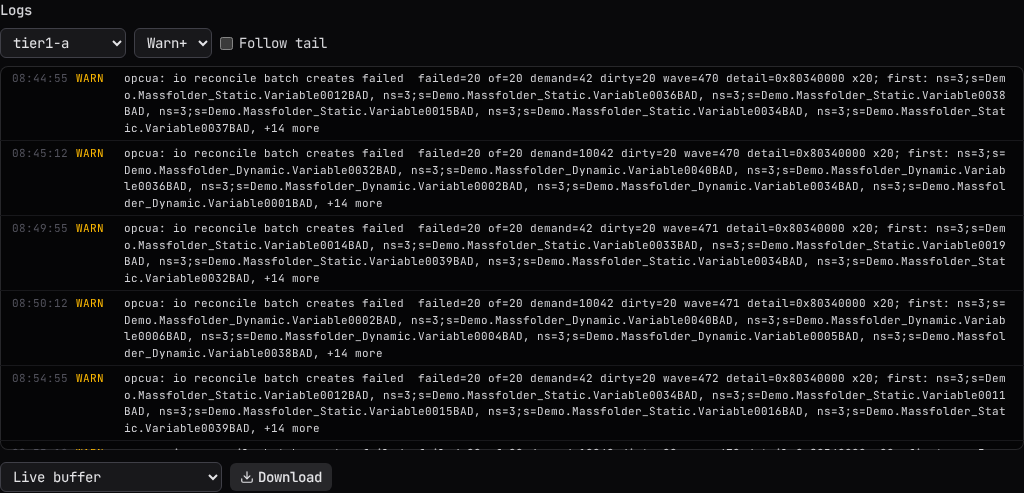 The log viewer: node and level pickers, follow tail, and the live buffer with Download