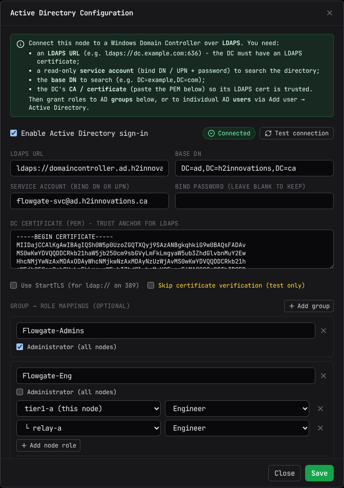 The Active Directory Configuration dialog with connection settings and group role mappings