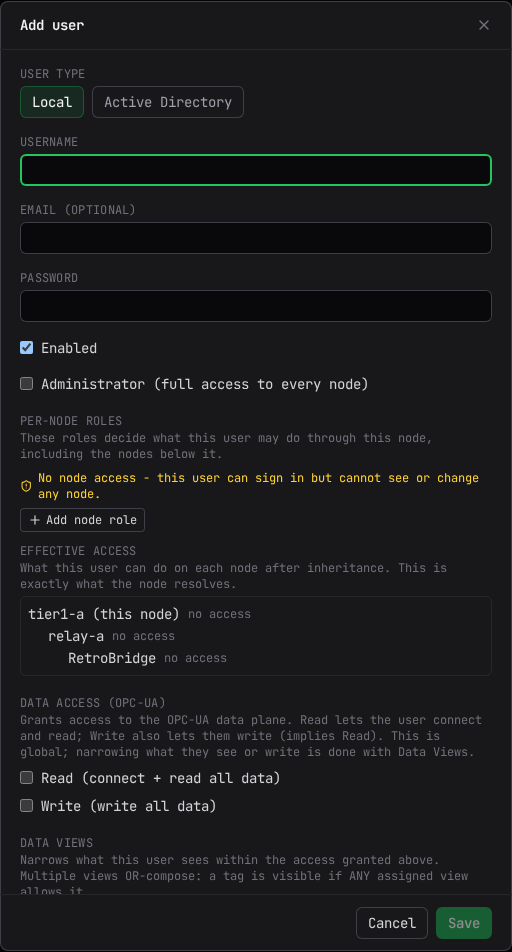 The "Add user" dialog: user type, identity, per-node roles, effective access, and data access
