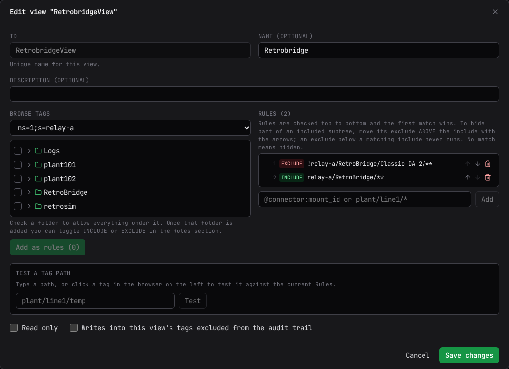 The view editor: identity fields, tag browser, rules, and the tag path tester