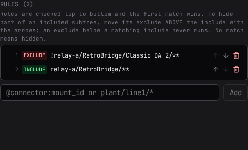 The Rules list: ordered include and exclude rules with move and delete controls
